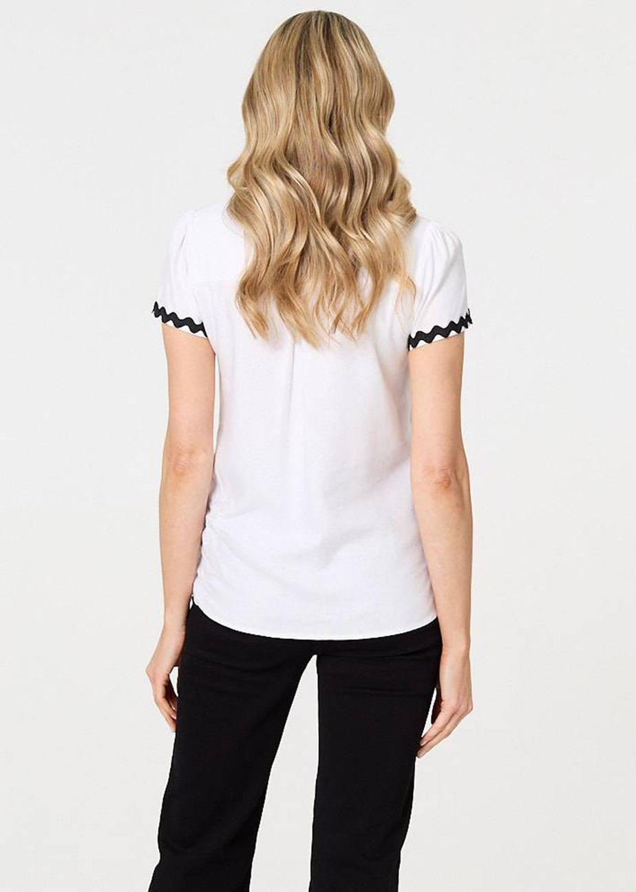 Izabel London White Zig Zag Trim Short Sleeve Shirt