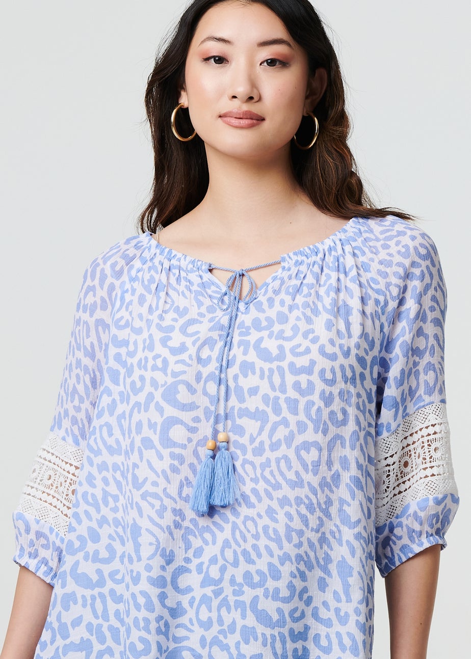 Izabel London Blue Animal Print Tassel Bardot Neck Blouse