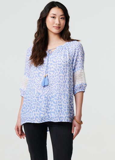 Izabel London Blue Animal Print Tassel Bardot Neck Blouse