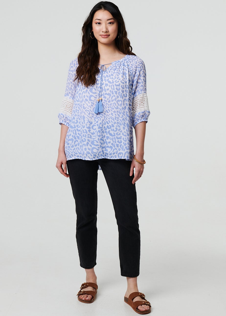 Izabel London Blue Animal Print Tassel Bardot Neck Blouse