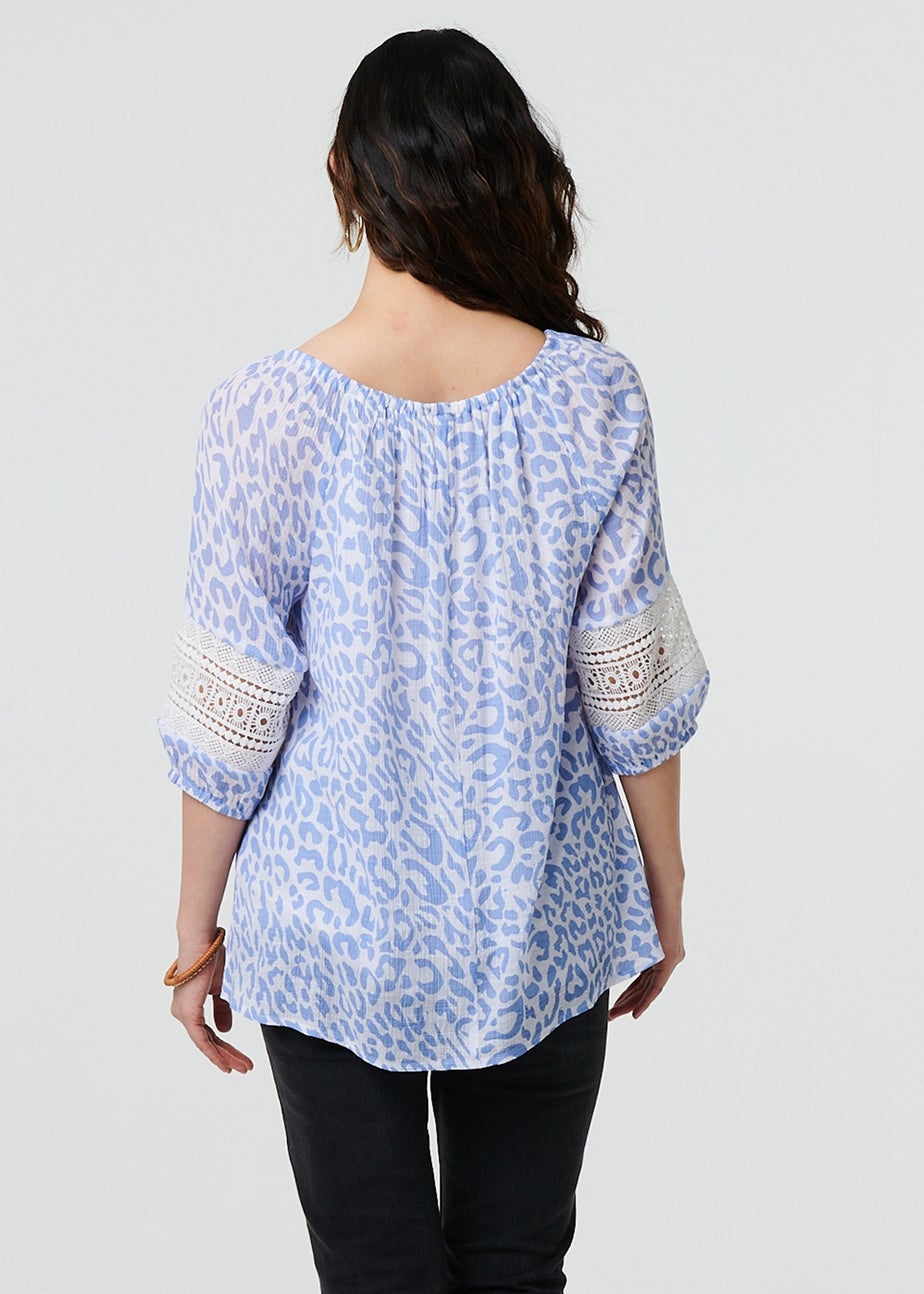 Izabel London Blue Animal Print Tassel Bardot Neck Blouse