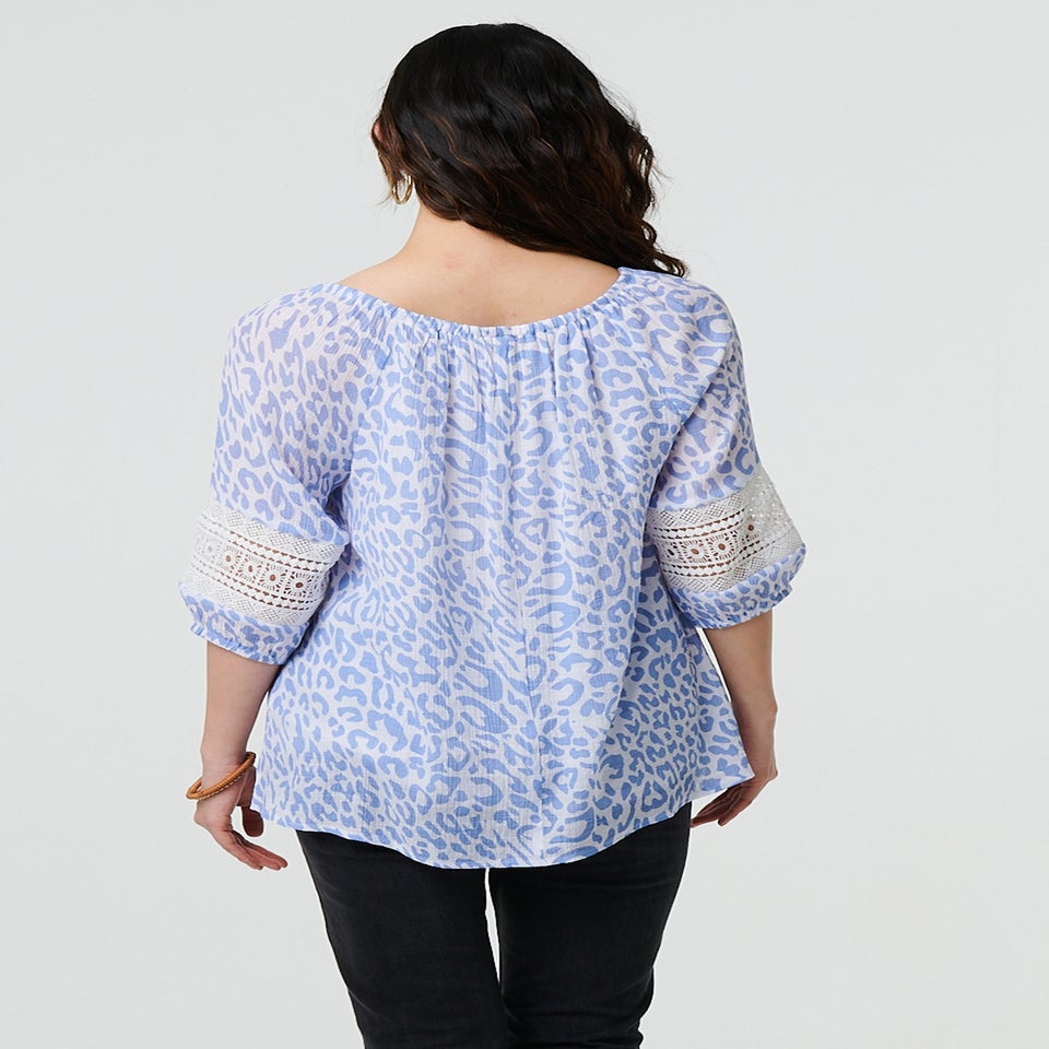 Izabel London Blue Animal Print Tassel Bardot Neck Blouse