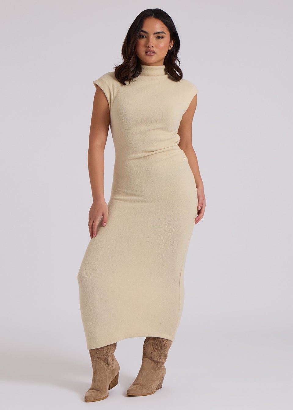 Urban Bliss Brushed Cream Jersey Maxi Ruched Dress