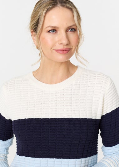 Izabel London Blue Colour Block Textured Curve Hem Jumper