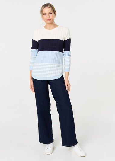 Izabel London Blue Colour Block Textured Curve Hem Jumper