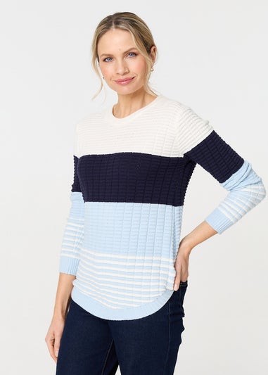 Izabel London Blue Colour Block Textured Curve Hem Jumper