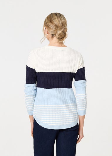 Izabel London Blue Colour Block Textured Curve Hem Jumper