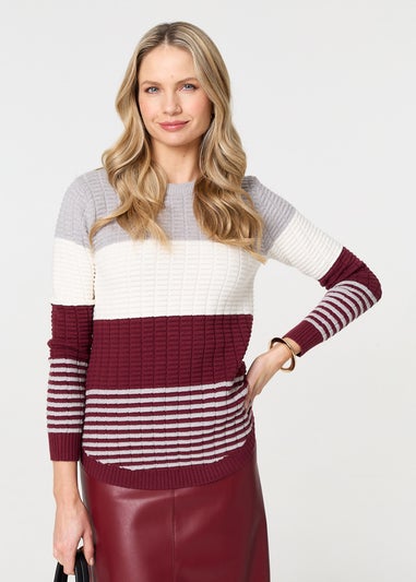 Izabel London Red Colour Block Textured Curve Hem Jumper