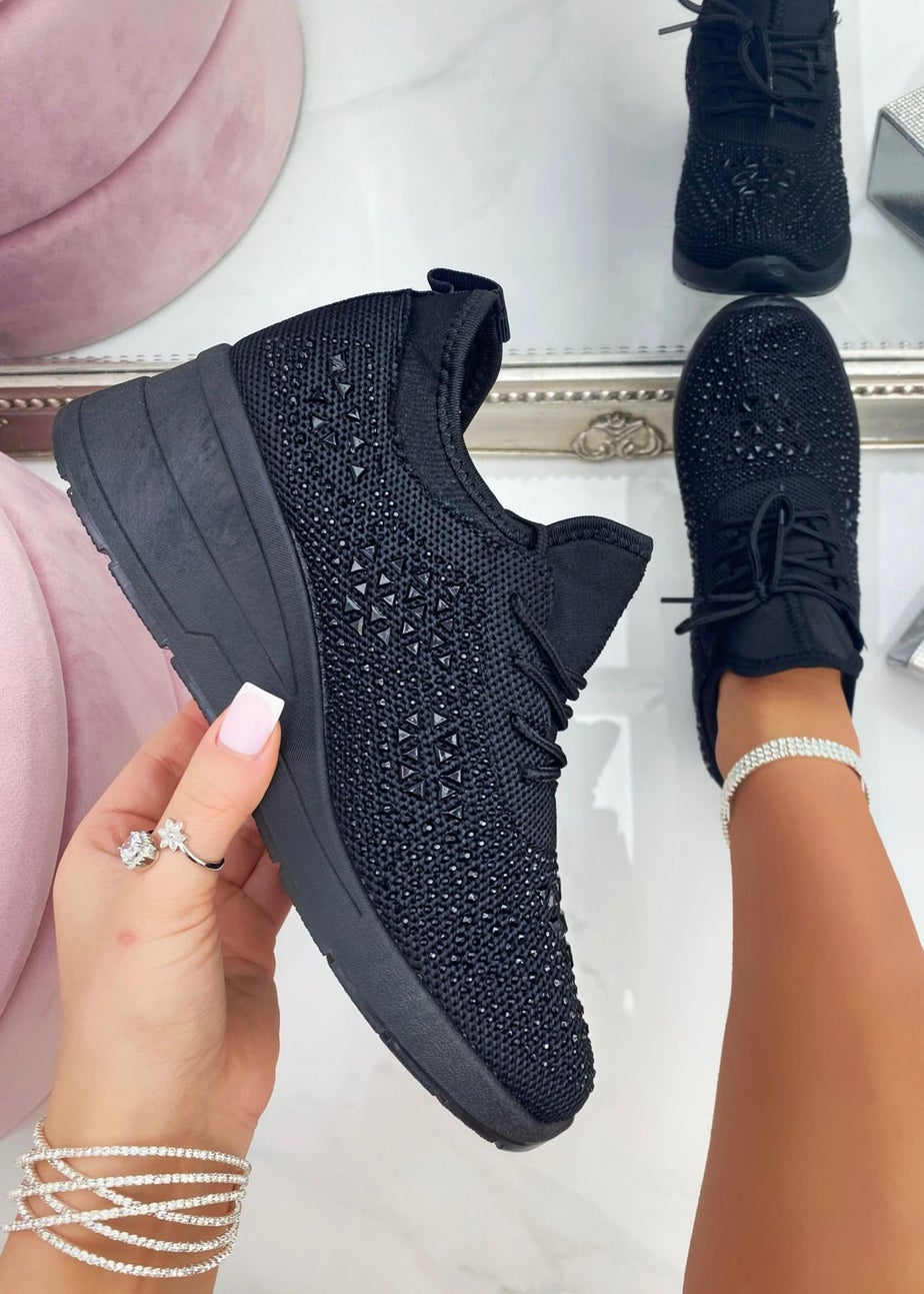 Love Lemonade Black Crystal Stretch Comfort Wedge Trainers