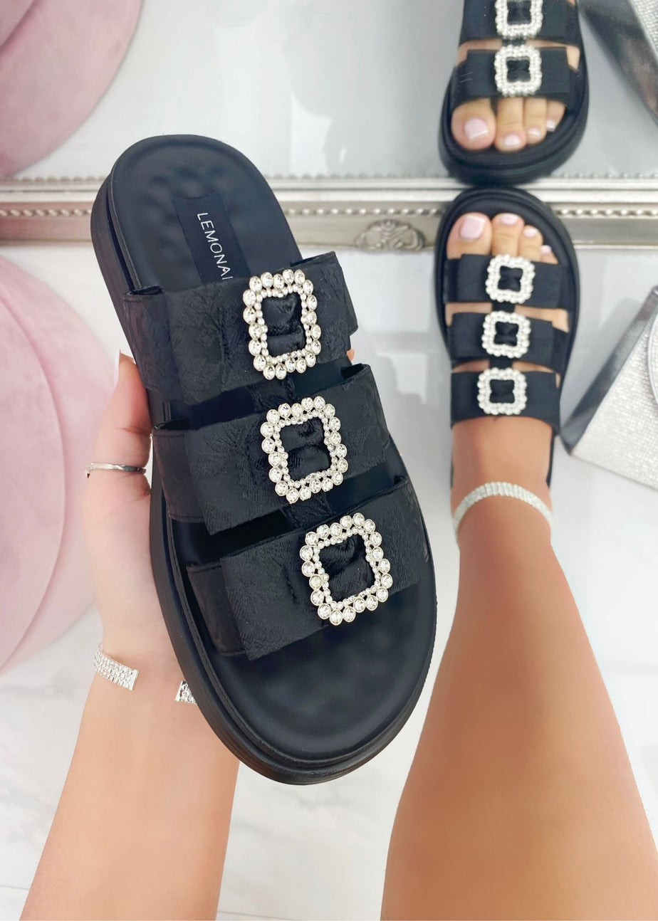 Love Lemonade Black Crystal Buckle Triple Bow Sliders