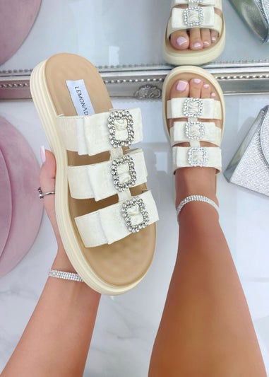 Love Lemonade Beige Crystal Buckle Triple Bow Sliders