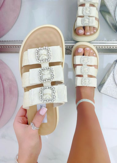 Love Lemonade Beige Crystal Buckle Triple Bow Sliders