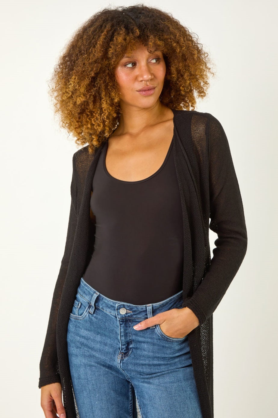 Roman Black Waterfall Knit Longline Cardigan