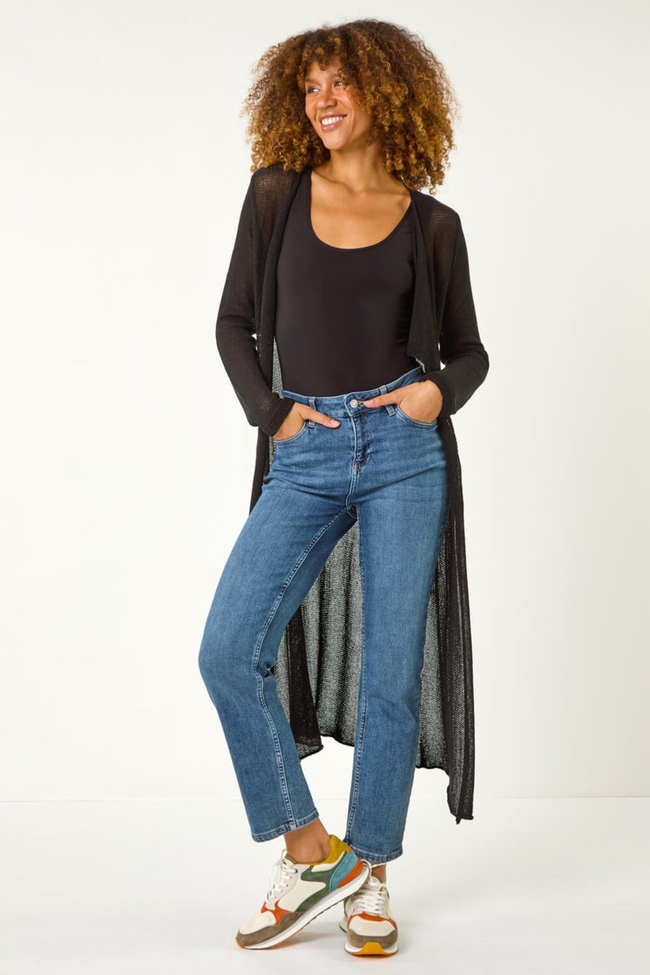 Roman Black Waterfall Knit Longline Cardigan