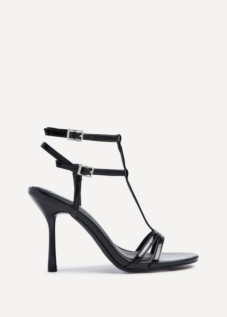 Linzi Jada Black Patent T-Bar Strappy Stiletto Heels
