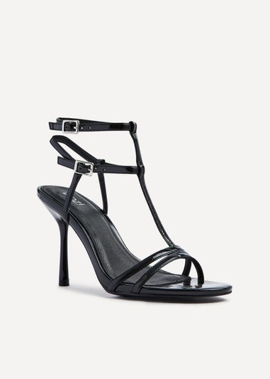 Linzi Jada Black Patent T-Bar Strappy Stiletto Heels
