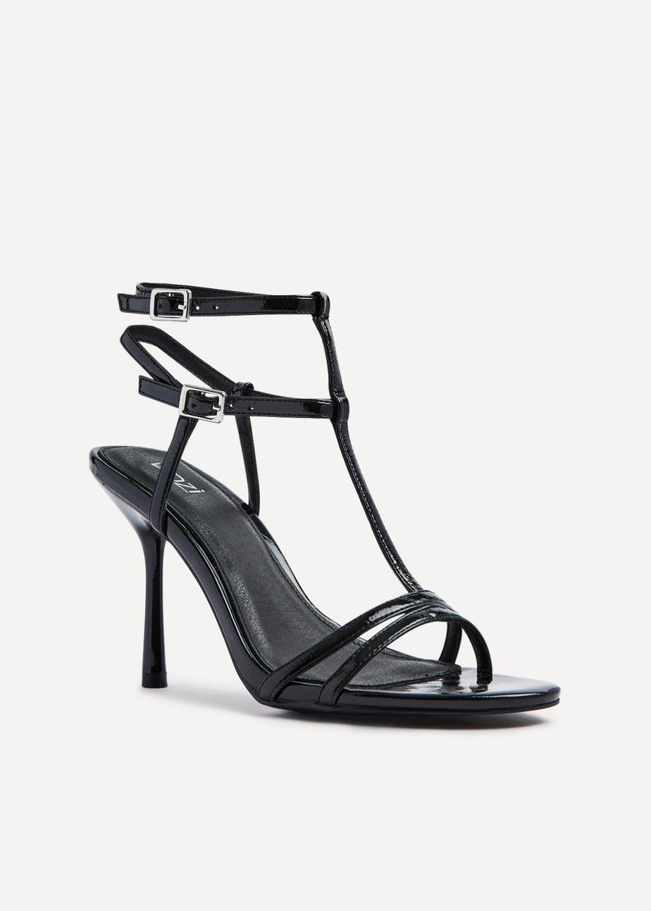 Linzi Jada Black Patent T-Bar Strappy Stiletto Heels