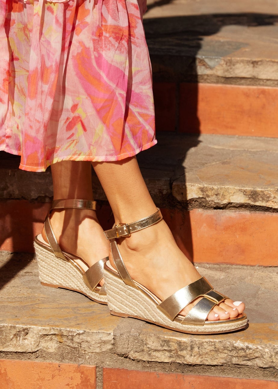 Linzi Bahia Gold Faux Leather Espadrille Inspired Wedge
