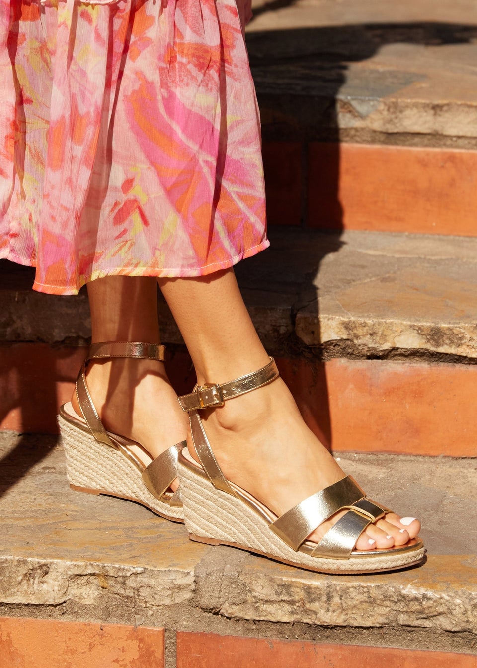 Linzi Bahia Gold Faux Leather Espadrille Inspired Wedge