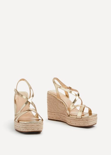 Linzi Lexie Gold Faux Leather Strappy Square Toe Rope Wedge