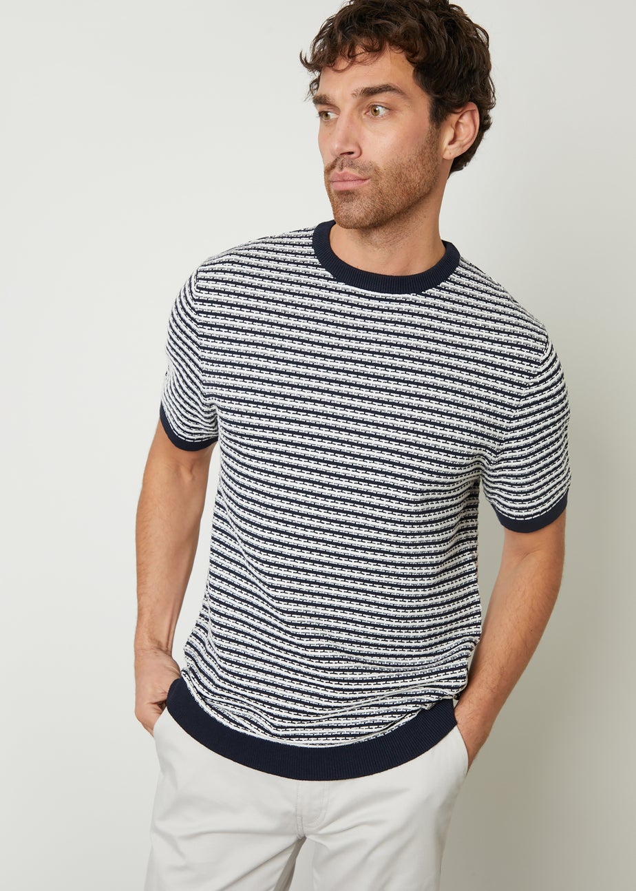 Threadbare Navy Stripe Textured Knitted T-Shirt