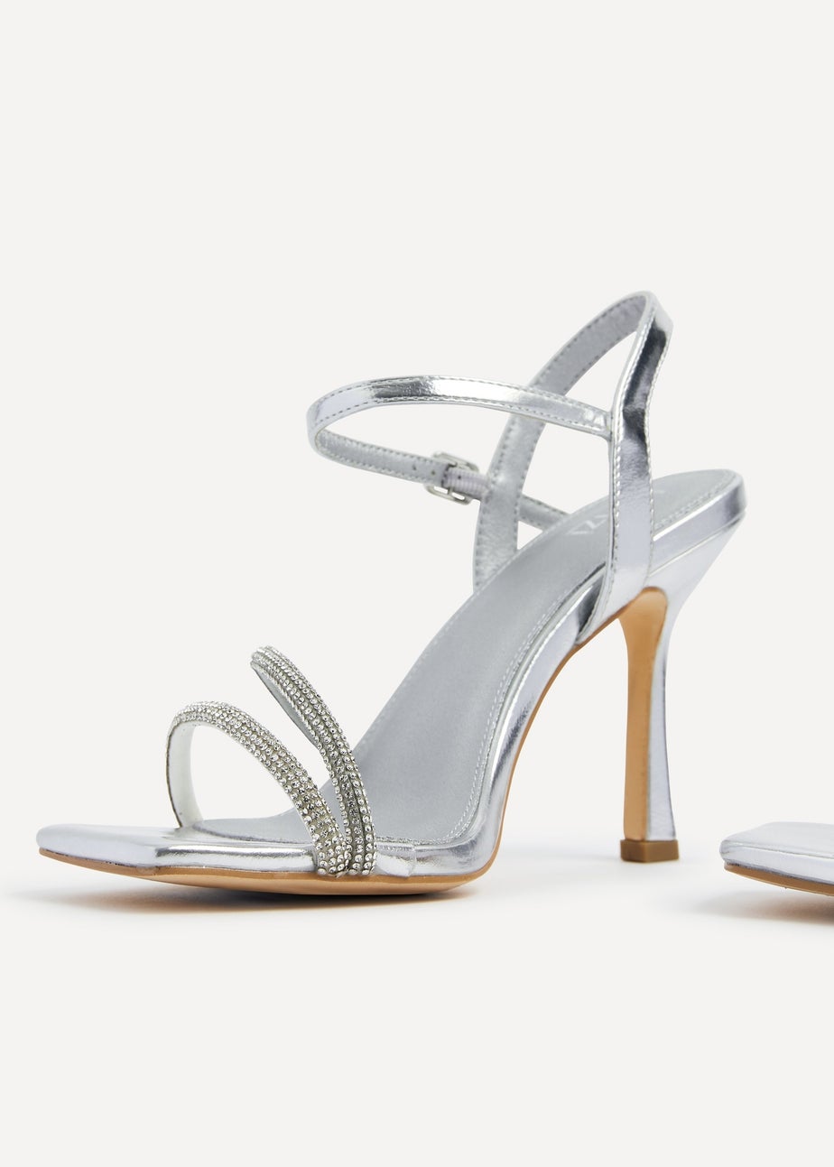 Linzi Mesmerize Silver Faux Leather Square Toe Diamonte Embellished Heel