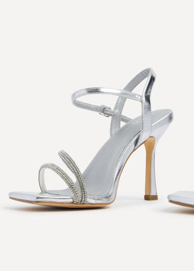 Linzi Mesmerize Silver Faux Leather Square Toe Diamonte Embellished Heel
