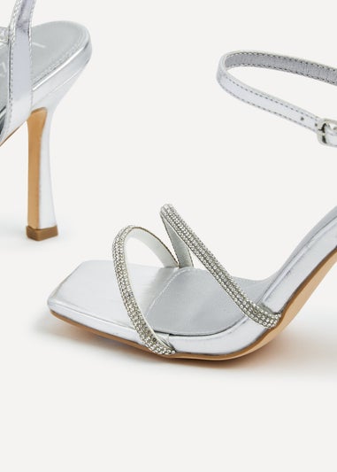 Linzi Mesmerize Silver Faux Leather Square Toe Diamonte Embellished Heel