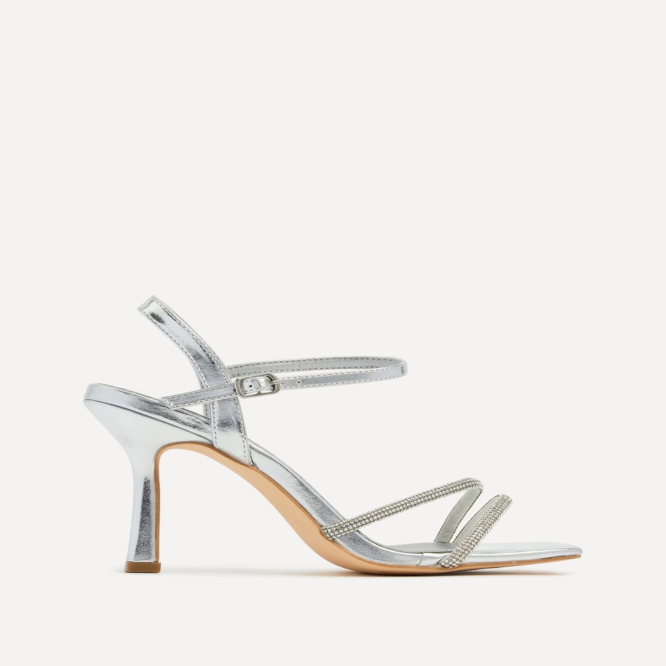 Linzi Mesmerize Silver Faux Leather Square Toe Diamonte Embellished Heel