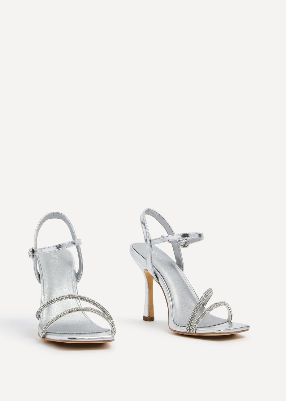 Linzi Mesmerize Silver Faux Leather Square Toe Diamonte Embellished Heel