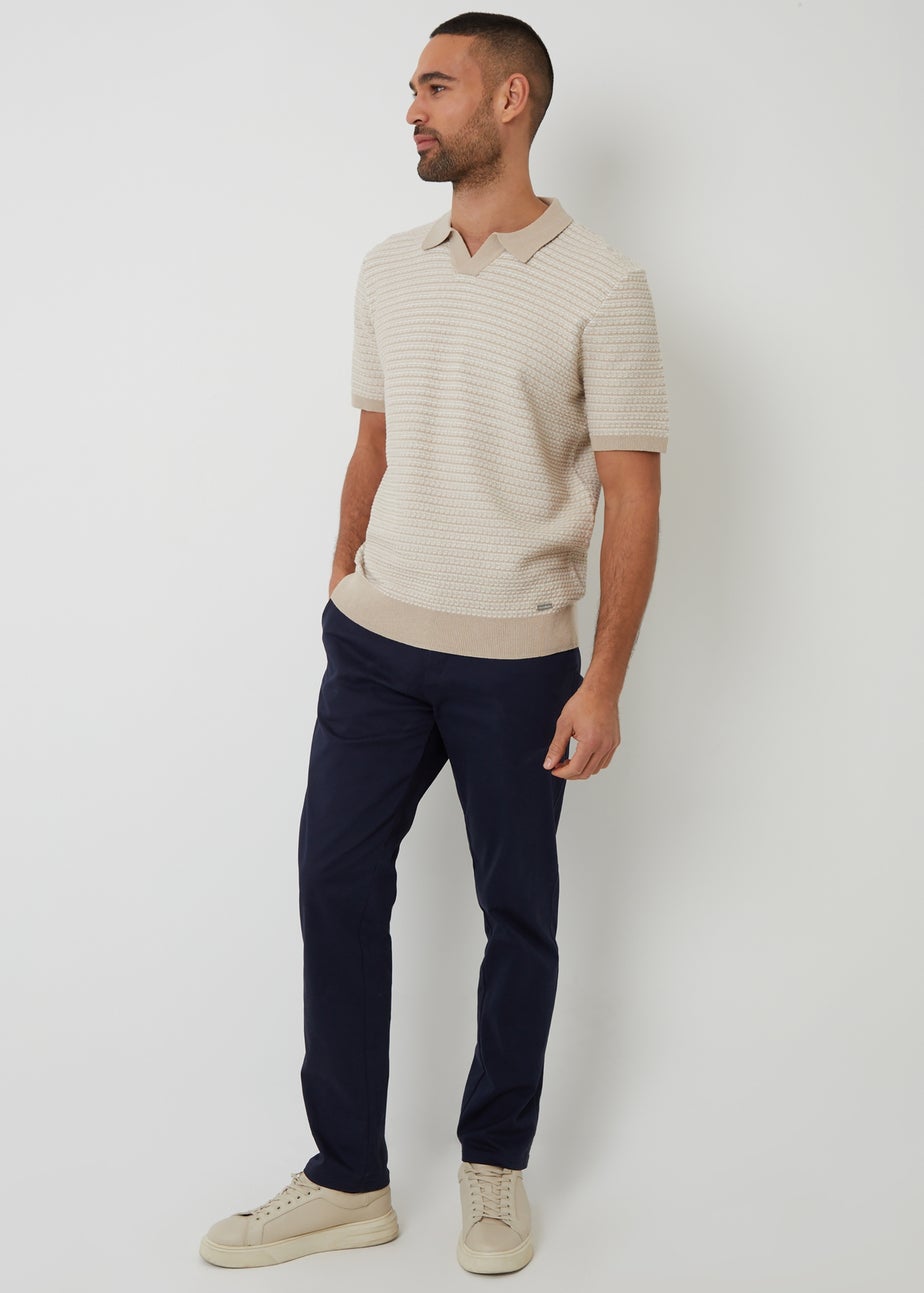 Threadbare Beige Textured Stripe Trophy Neck Knitted Polo Shirt
