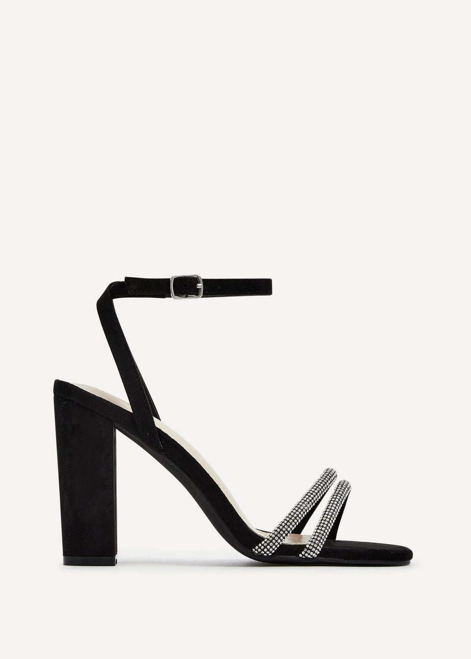 Linzi Imera Black Faux Suede Double Diamante Strap Block Heeled Sandal