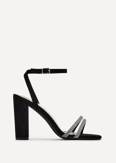 Linzi Imera Black Faux Suede Double Diamante Strap Block Heeled Sandal