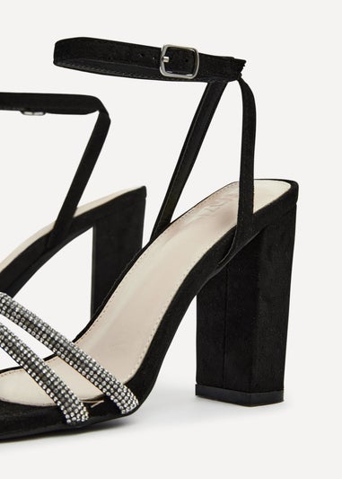 Linzi Imera Black Faux Suede Double Diamante Strap Block Heeled Sandal