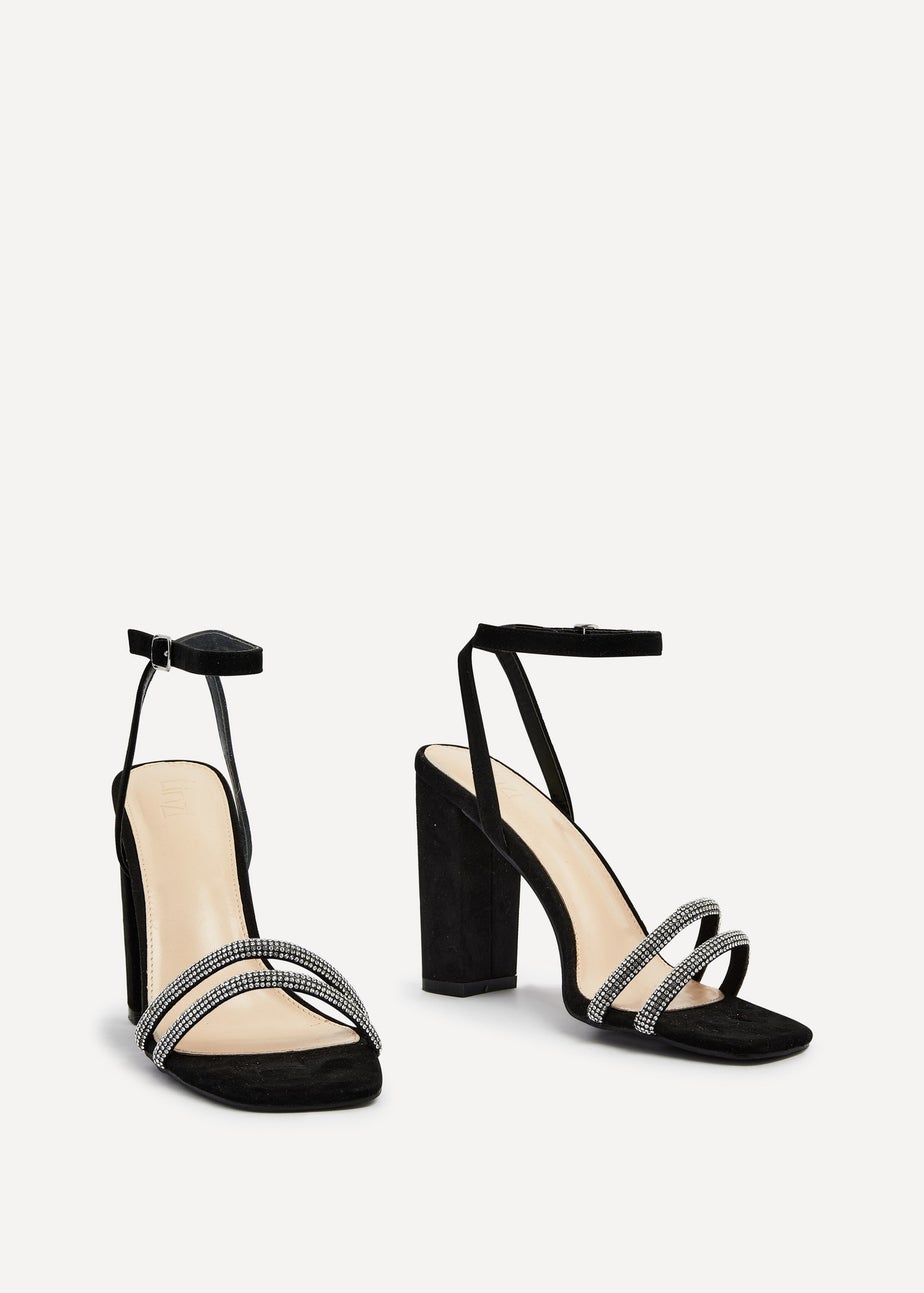 Linzi Imera Black Faux Suede Double Diamante Strap Block Heeled Sandal