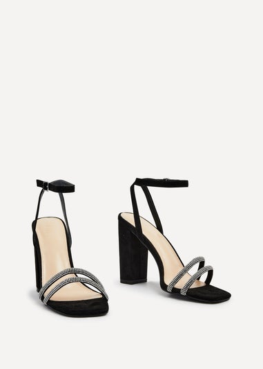 Linzi Imera Black Faux Suede Double Diamante Strap Block Heeled Sandal