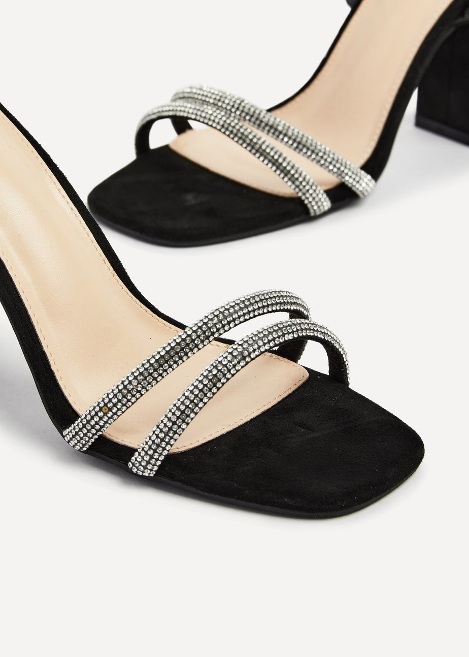 Linzi Imera Black Faux Suede Double Diamante Strap Block Heeled Sandal
