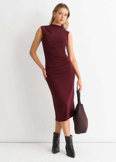 Gini London Burgundy Plain Ruched Jersey Midi Dress