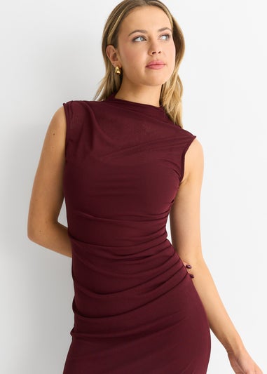 Gini London Burgundy Plain Ruched Jersey Midi Dress