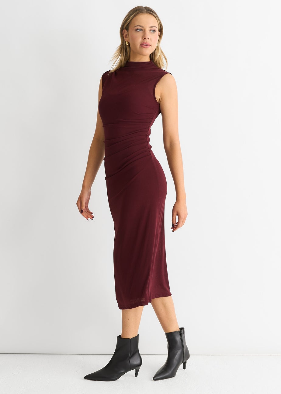 Gini London Burgundy Plain Ruched Jersey Midi Dress