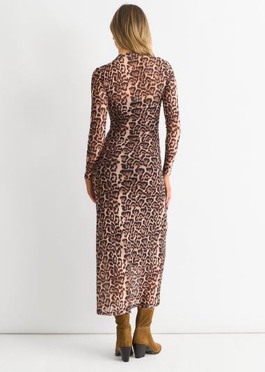 Gini London Brown Mesh Animal Print Jersey Maxi Dress