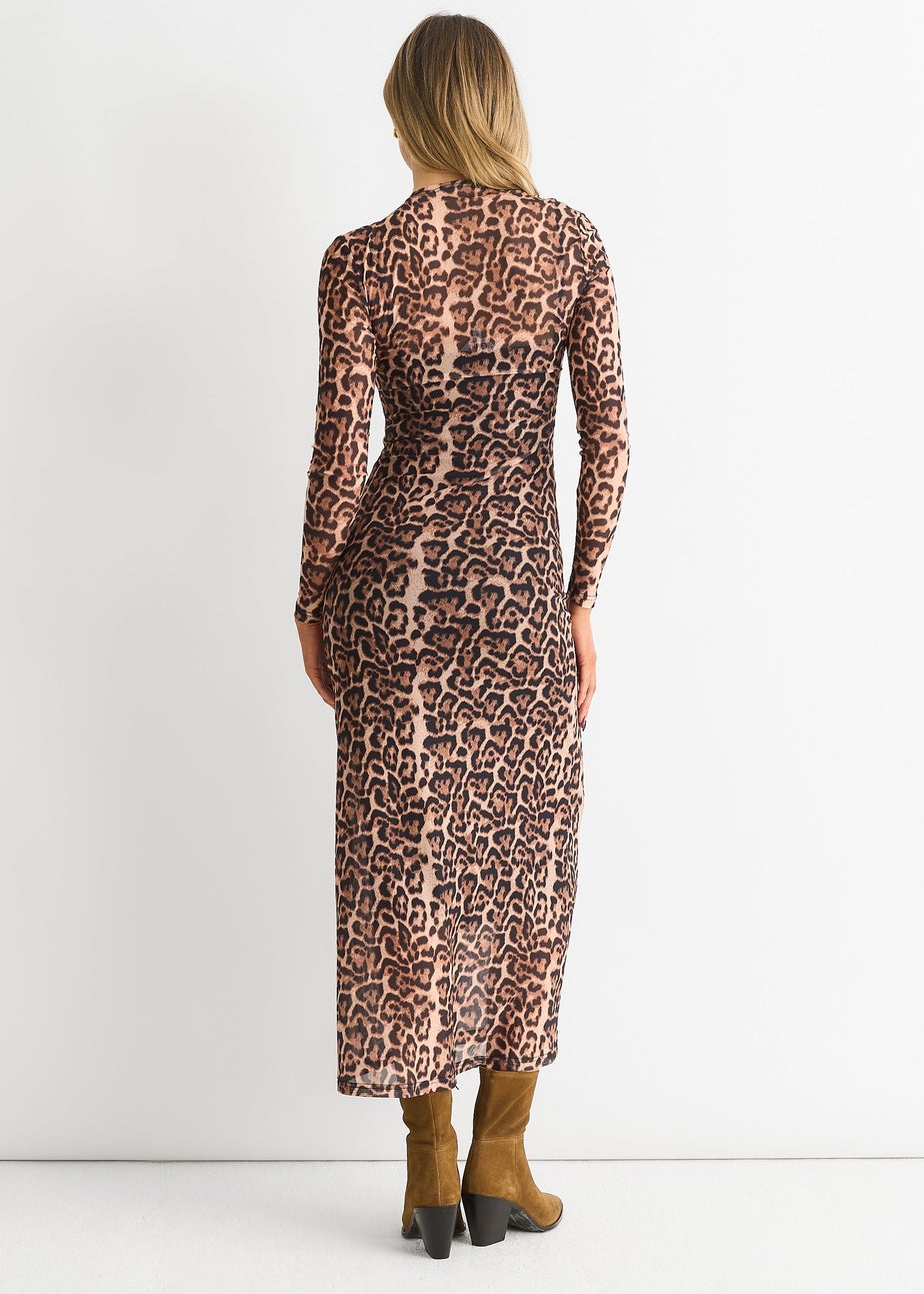 Gini London Brown Mesh Animal Print Jersey Maxi Dress