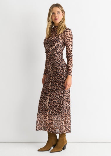 Gini London Brown Mesh Animal Print Jersey Maxi Dress