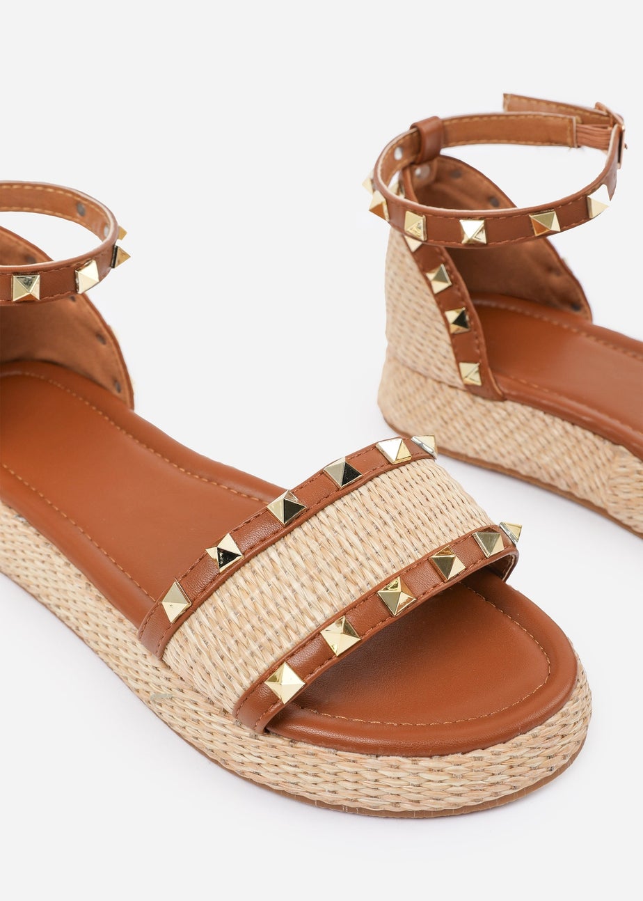 Where's That From Tan PU Aviva Studded Gladiator Espadrille Flatform