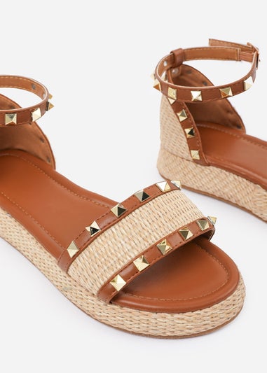 Where's That From Tan-PU Aviva Wide-Fit Studded Gladiator Espadrille Flatform