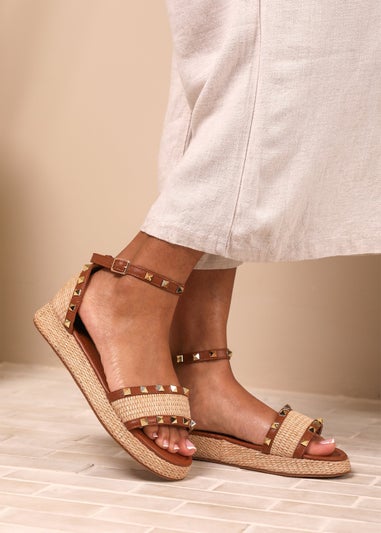 Where's That From Tan-PU Aviva Wide-Fit Studded Gladiator Espadrille Flatform