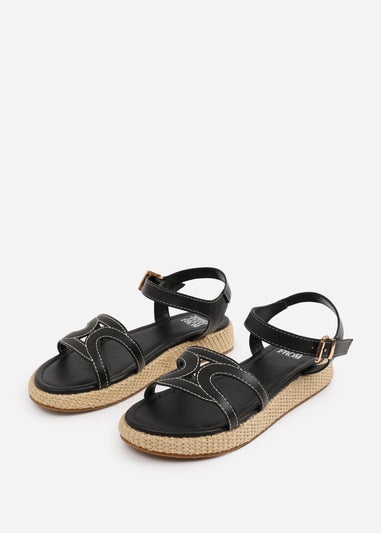 Where's That From Black PU Sofia Wide Fit Flatform Sandal
