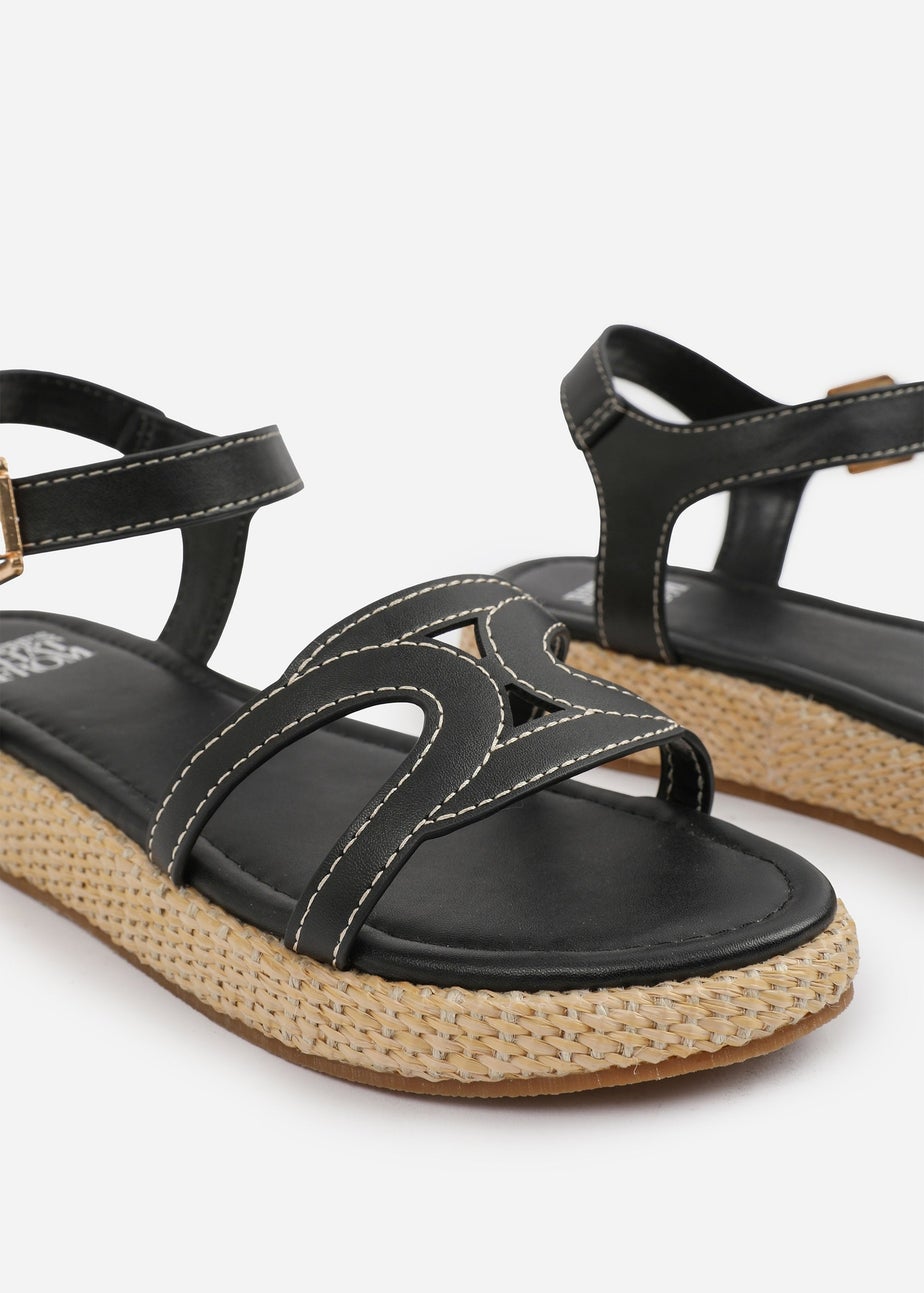 Where's That From Black PU Sofia Wide Fit Flatform Sandal