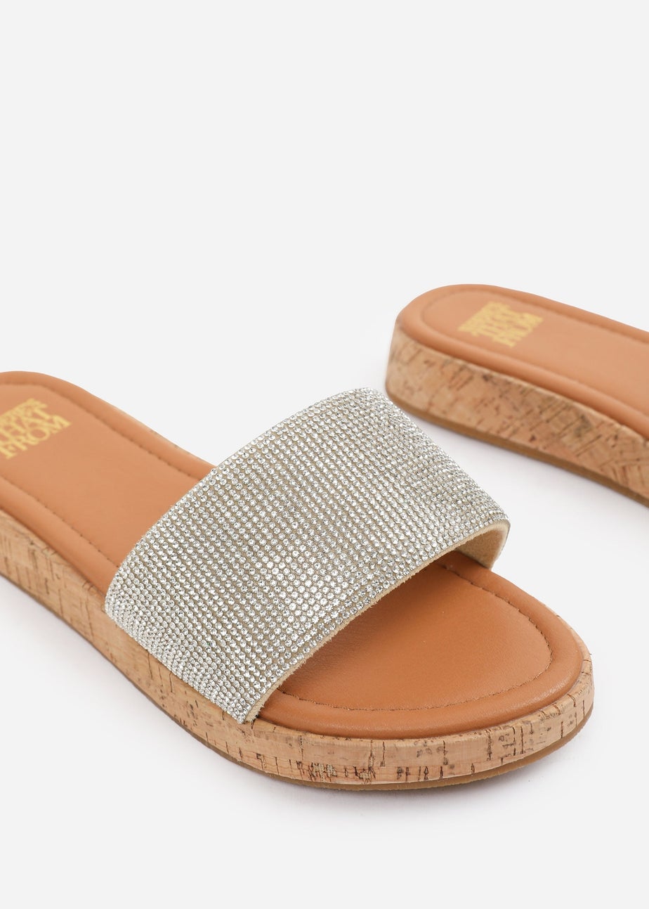 Where's That From Clear Diamante Cream Ember Flatform Sliders
