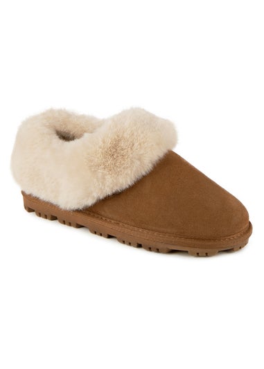 Totes Isotoner Tan Genuine Suede Bootie With Fur Cuff & Lining